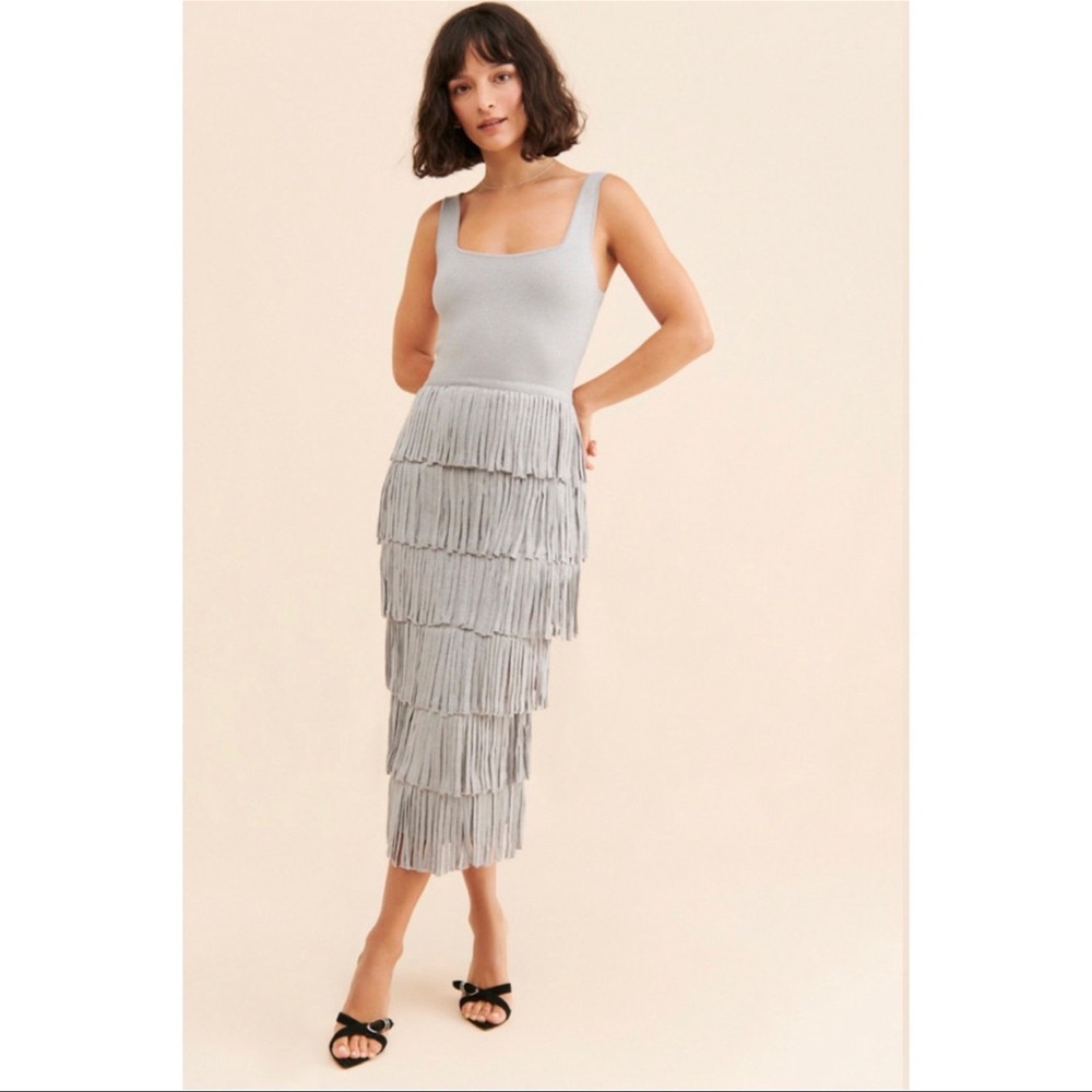 Edgar Fringe Knit Dress 
Elegant Gray Tiered Fringe Skirt